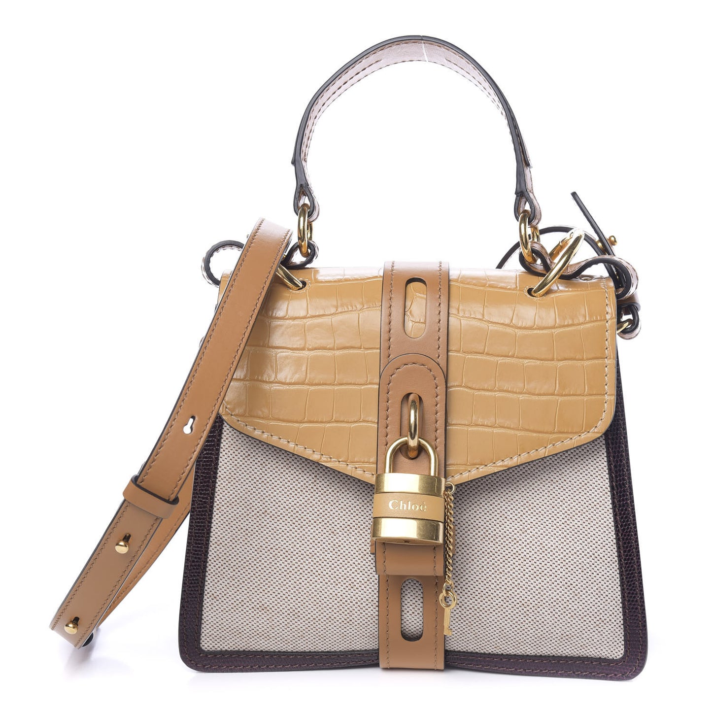 Calfskin Crocodile Embossed Canvas Small Aby Day Shoulder Bag Honey Gold