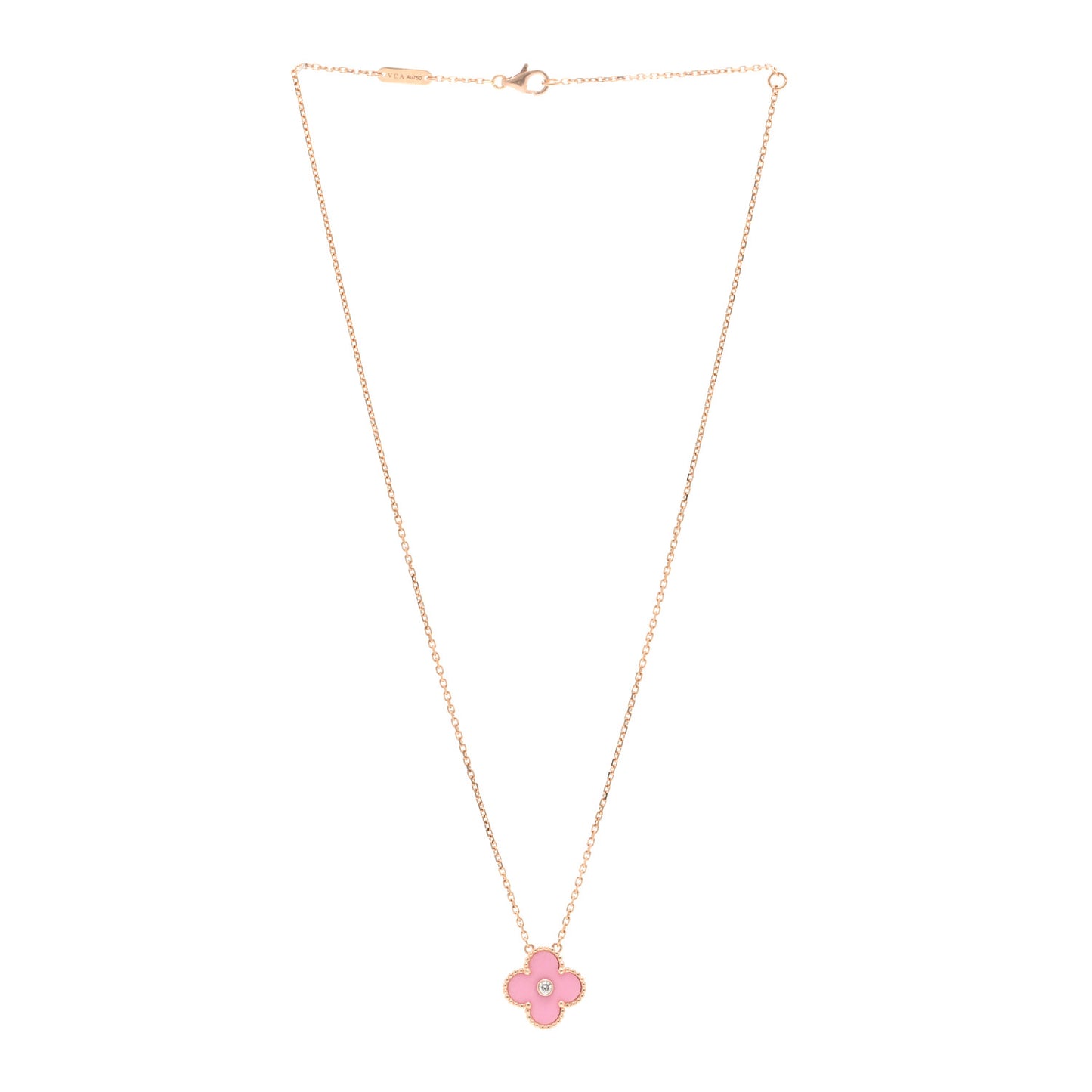 18K Rose Gold Diamond Pink Porcelain Vintage Alhambra Pendant Necklace