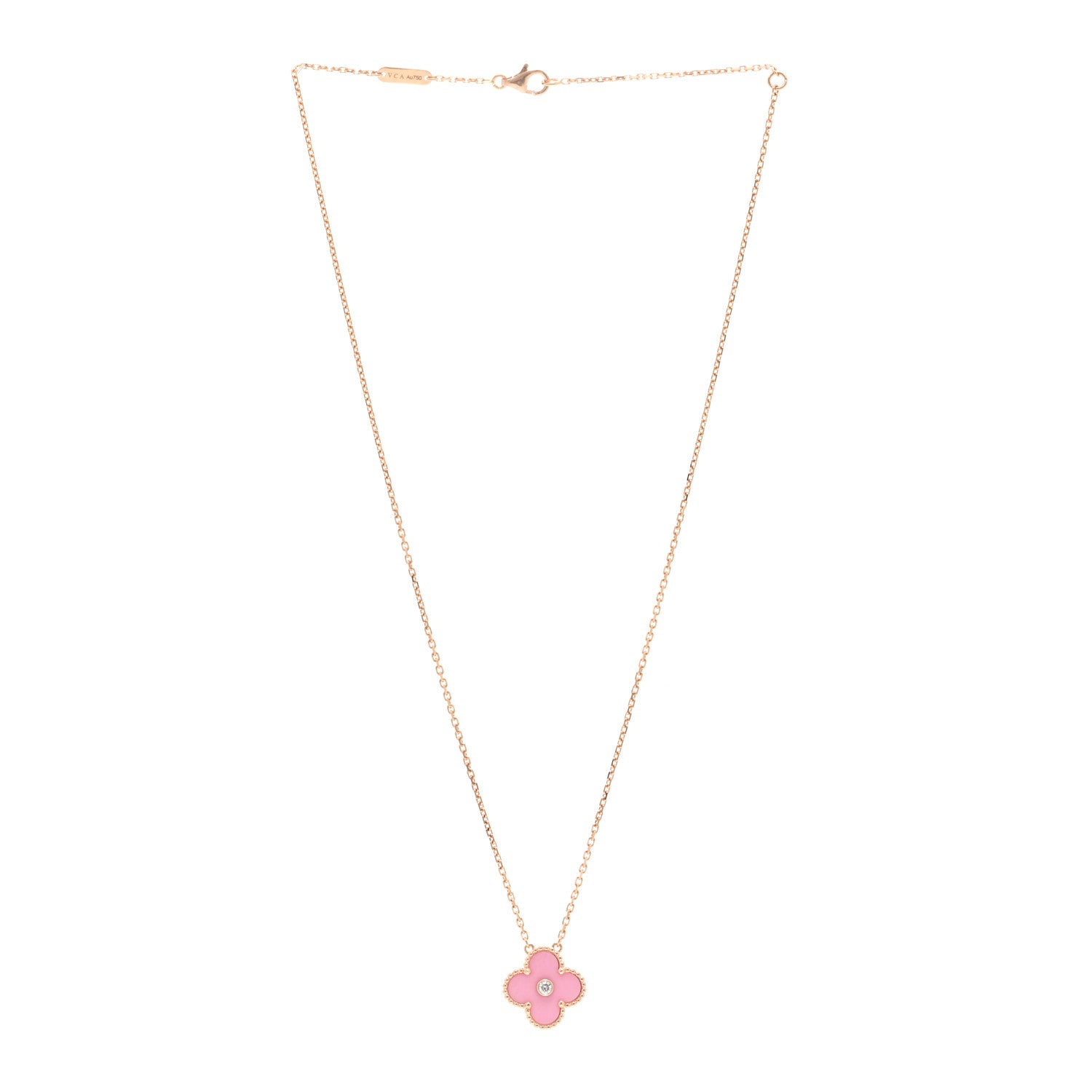 Van Cleef & Arpels 18K Rose Gold Diamond Pink Porcelain Vintage Alhambra Pendant Necklace 3 of 5