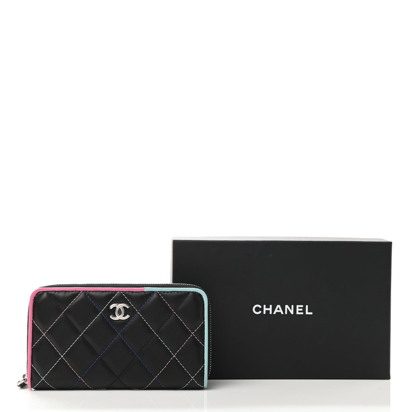 Lambskin Quilted Small Gusset Zip Around Wallet Black Pink Light Blue