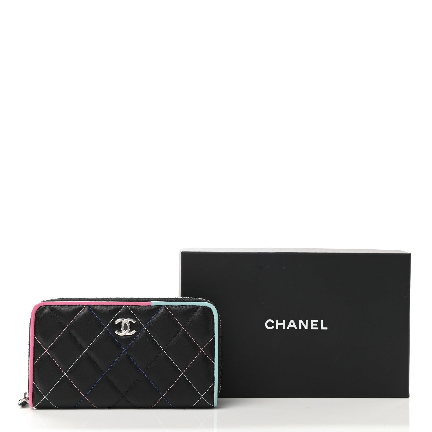 Chanel Lambskin Quilted Small Gusset Zip Around Wallet Black Pink Light Blue 9 of 9