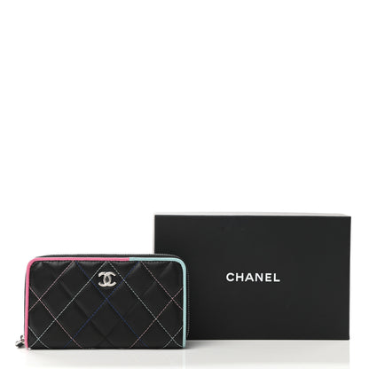 Chanel Lambskin Quilted Small Gusset Zip Around Wallet Black Pink Light Blue 9 of 9