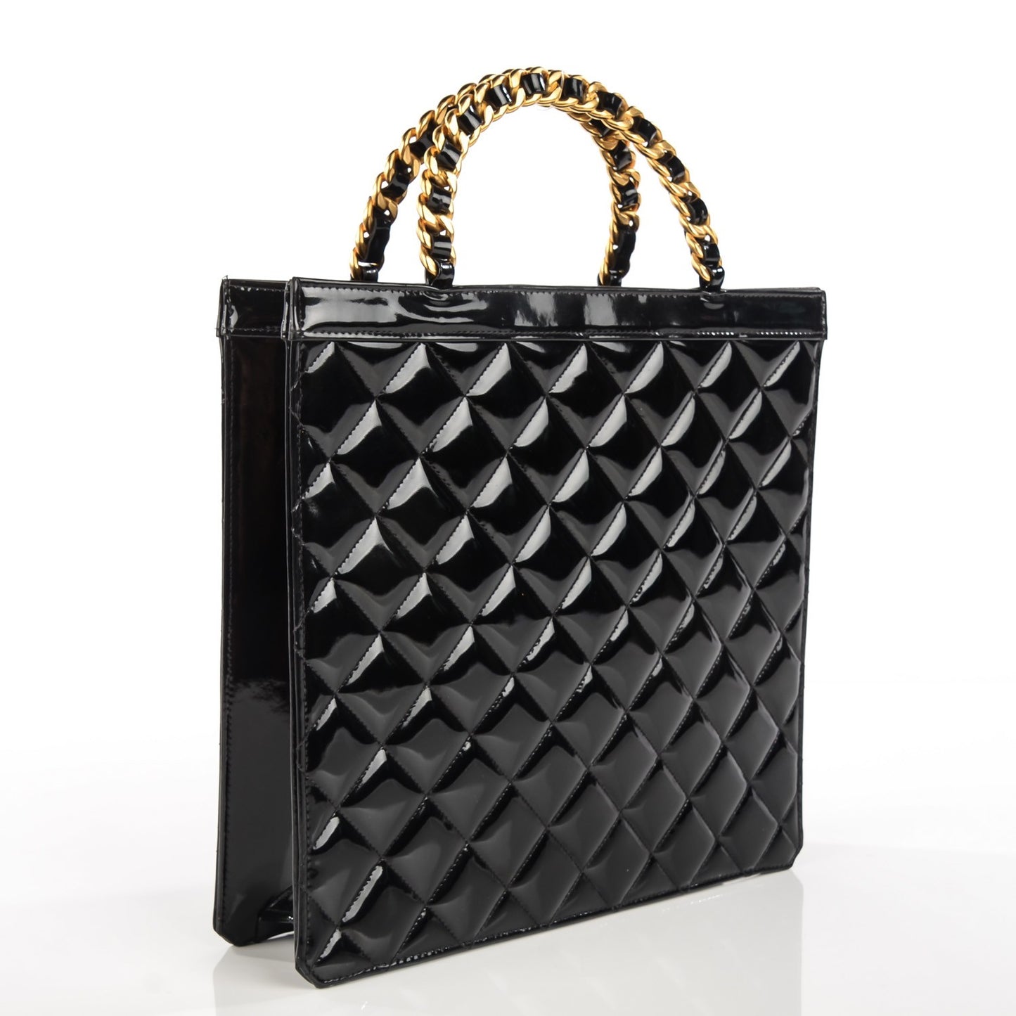 Patent Quilted Chain Handle Tote Black