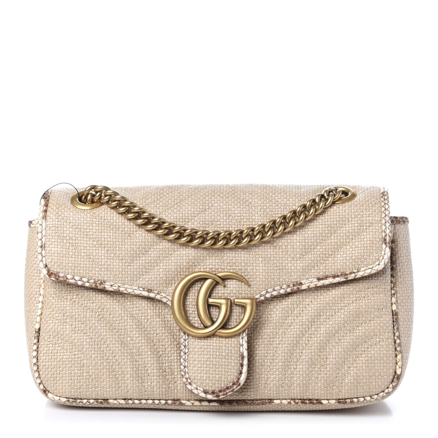 Raffia Elaphe Matelasse Small GG Marmont Shoulder Bag Natural Cream Brown