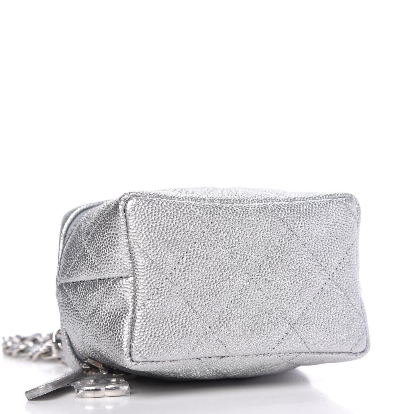 Metallic Caviar Quilted Mini Top Handle Vanity With Chain Silver
