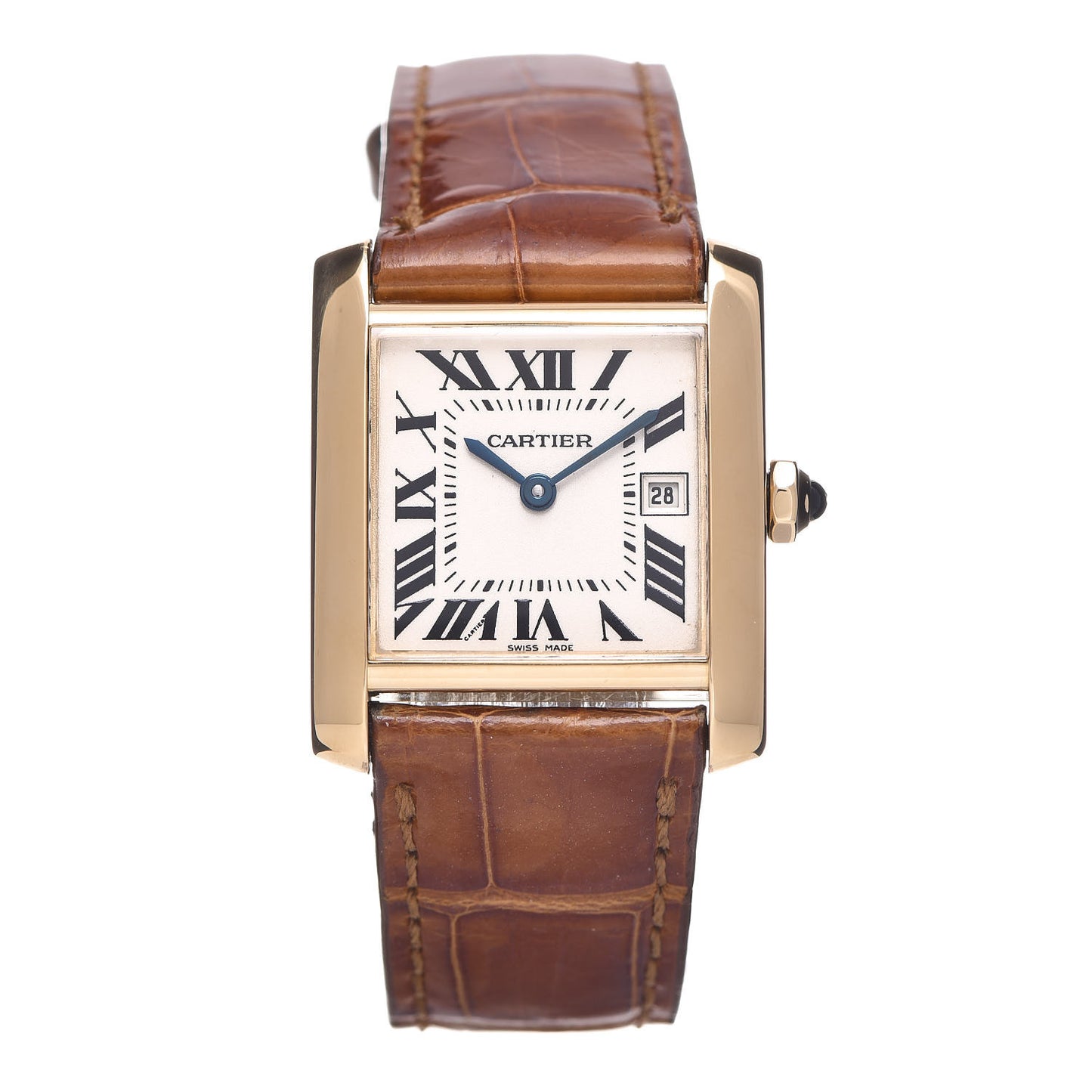 18K Yellow Gold Alligator 25mm Tank Francaise Quartz Watch Brown