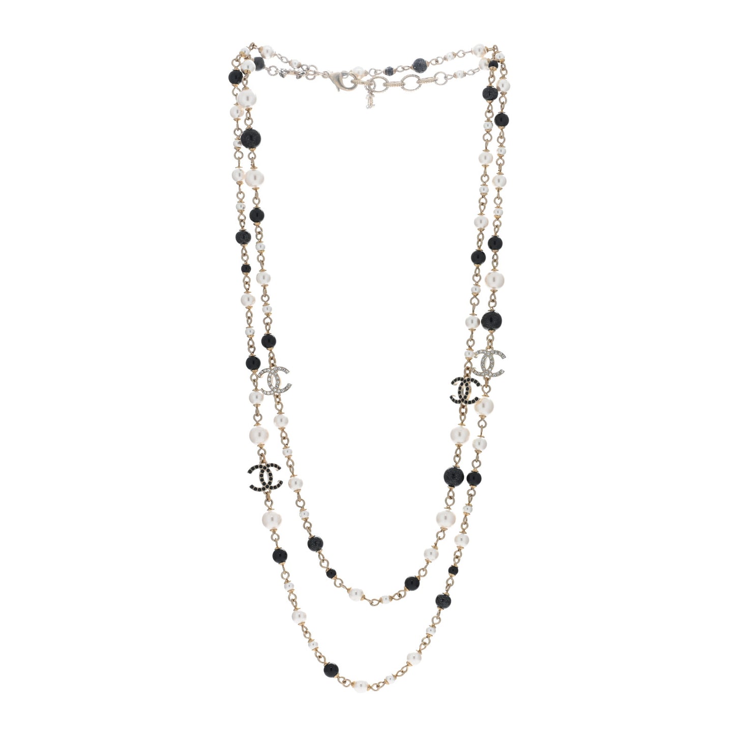 Pearl Bead Crystal CC Long Necklace Black Gold