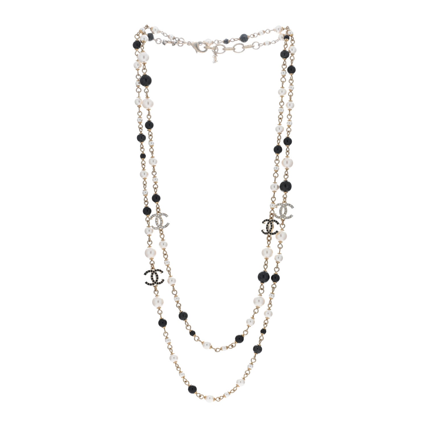Chanel Pearl Bead Crystal CC Long Necklace Black Gold 3 of 4