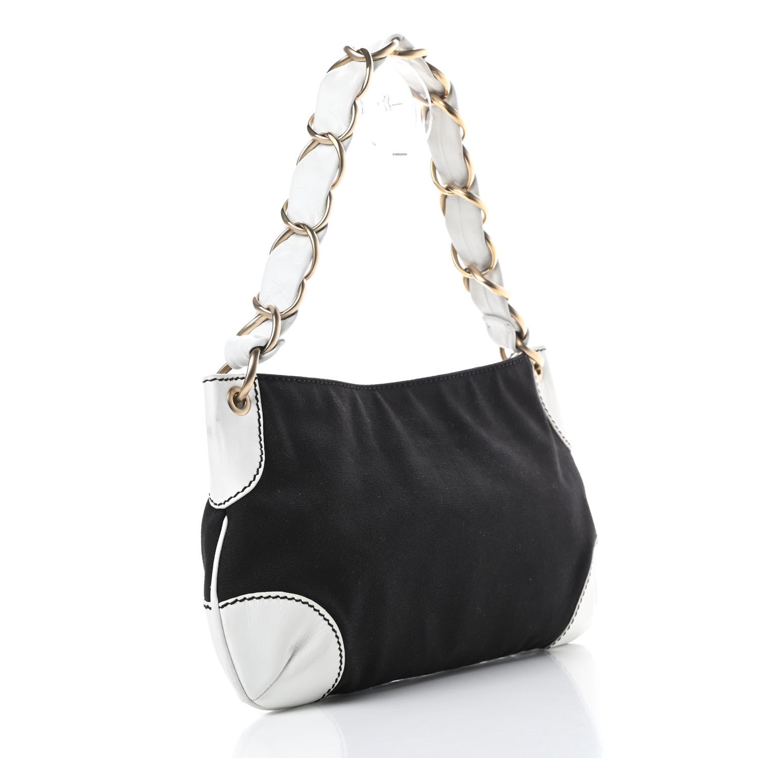 Chanel Lambskin Canvas CC Small Olsen Chain Shoulder Bag White Black 3 of 12