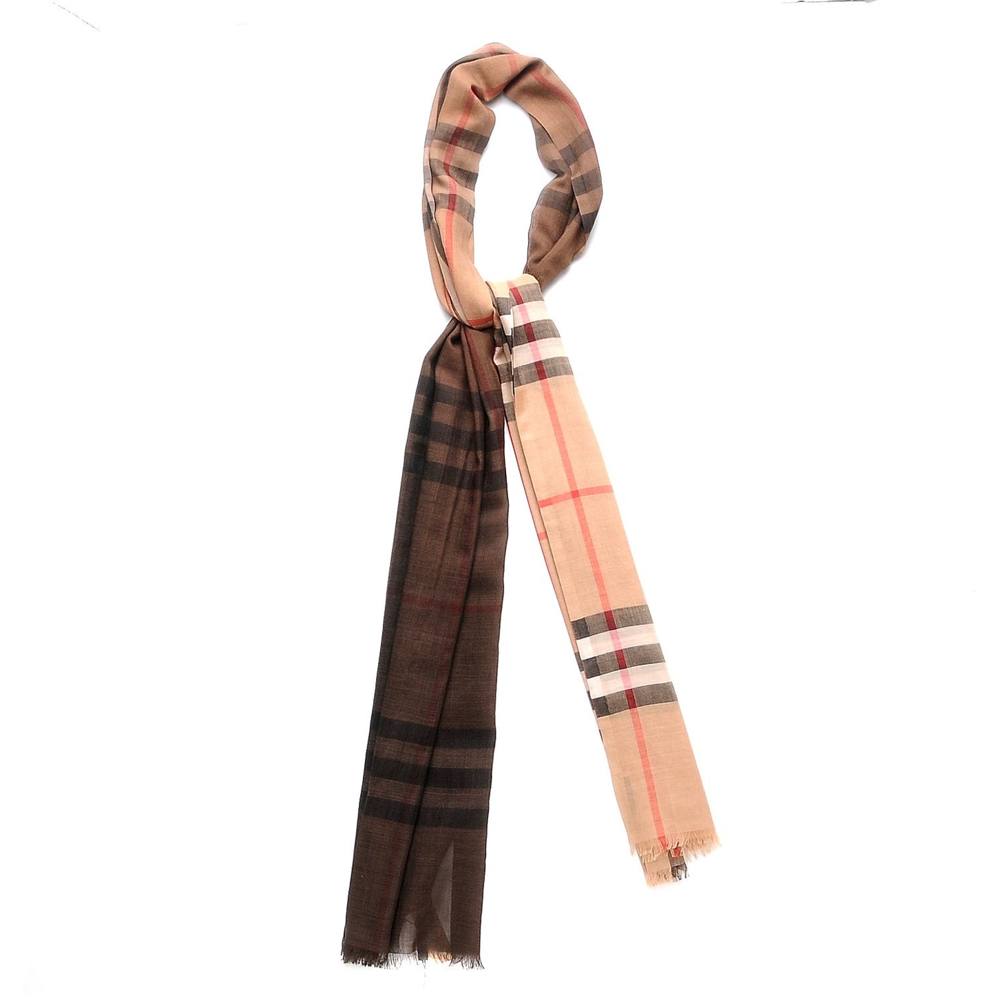 Wool Silk Ombre Gauze Giant Check Scarf Camel
