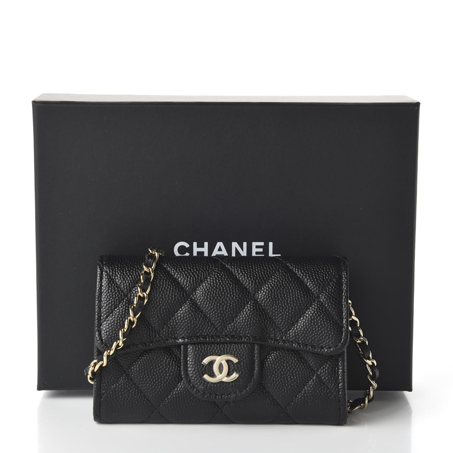 Caviar Quilted Flap Card Holder On Chain Black