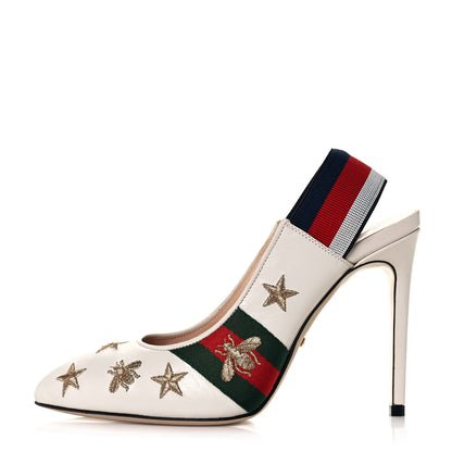 Gucci Malaga Kid Web Bee Star Embroidered Sylvie High Heel Slingback Pumps 37.5 White 1 of 10