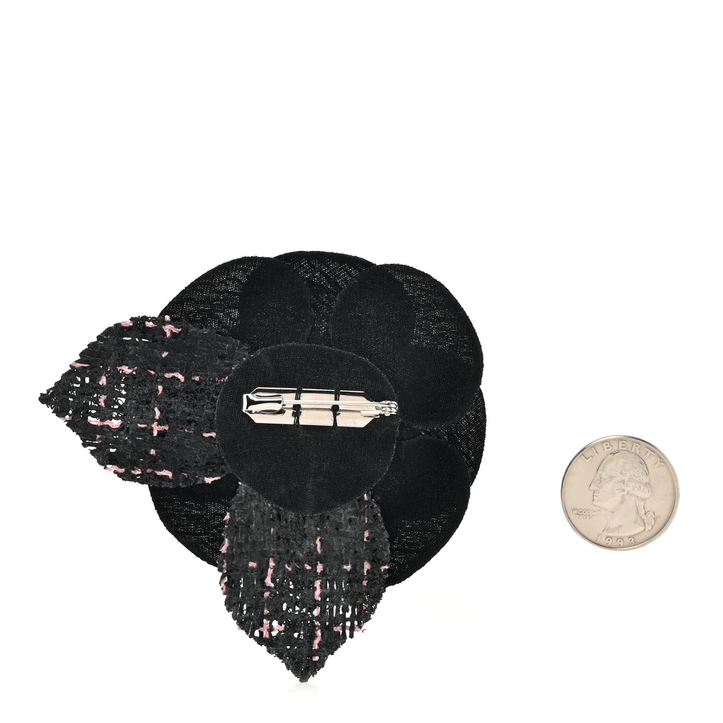 Tweed Camellia Pin Brooch Black Pink