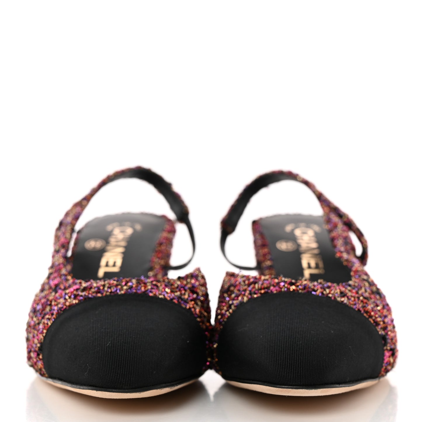 Tweed Grosgrain Cap Toe CC Slingback Pumps 38 Pink Black