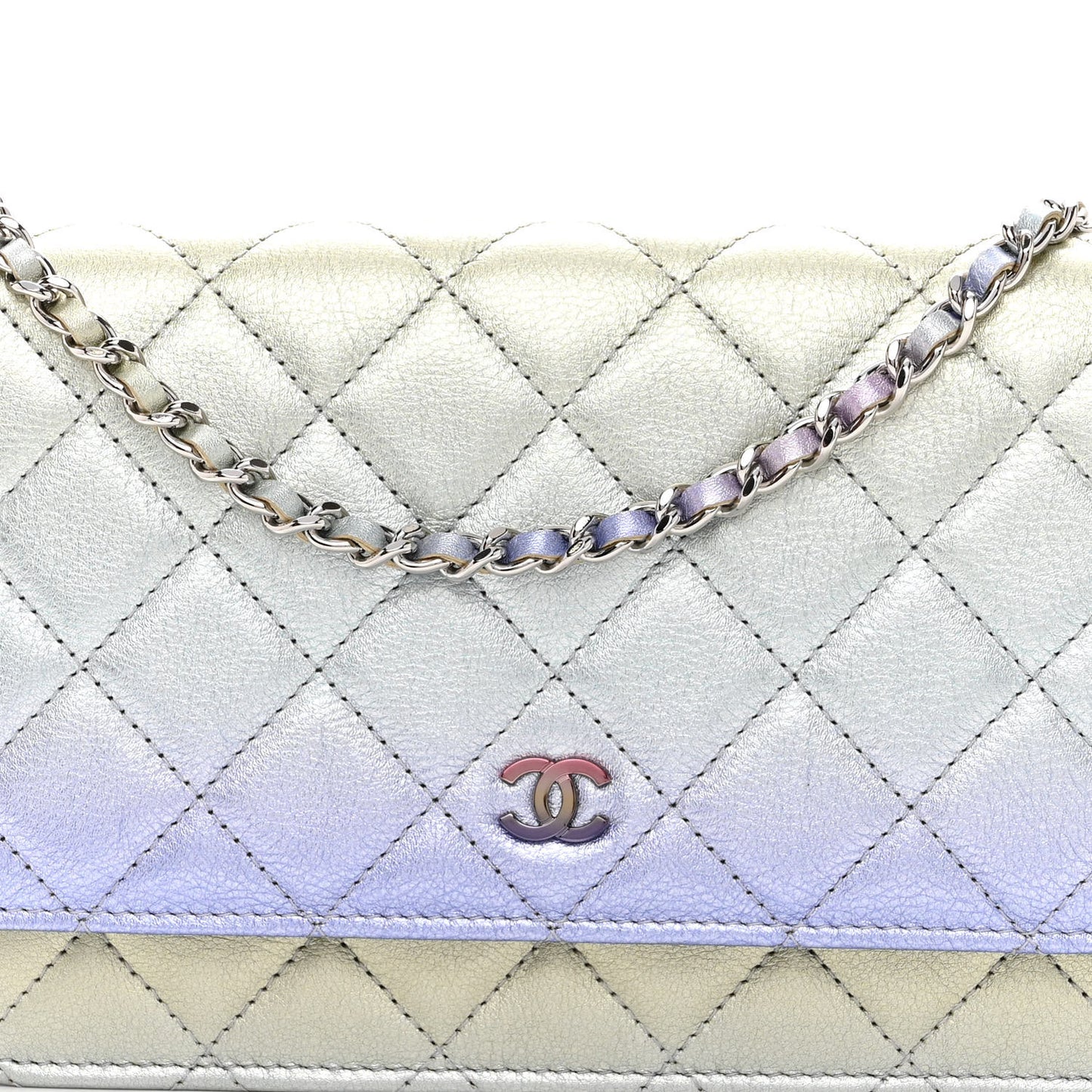 Gradient Metallic Calfskin Quilted Wallet On Chain WOC Silver Blue Yellow Purple