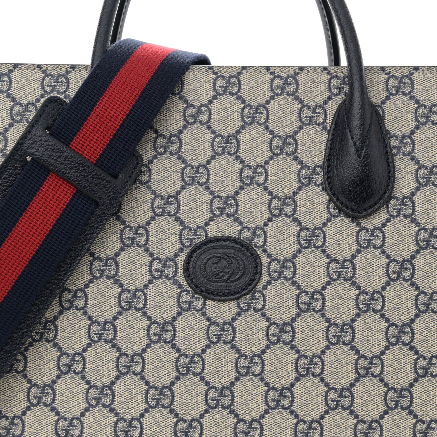 GG Supreme Monogram Textured Dollar Calfskin Web Medium Retro Interlocking G Tote Bag Beige Blue