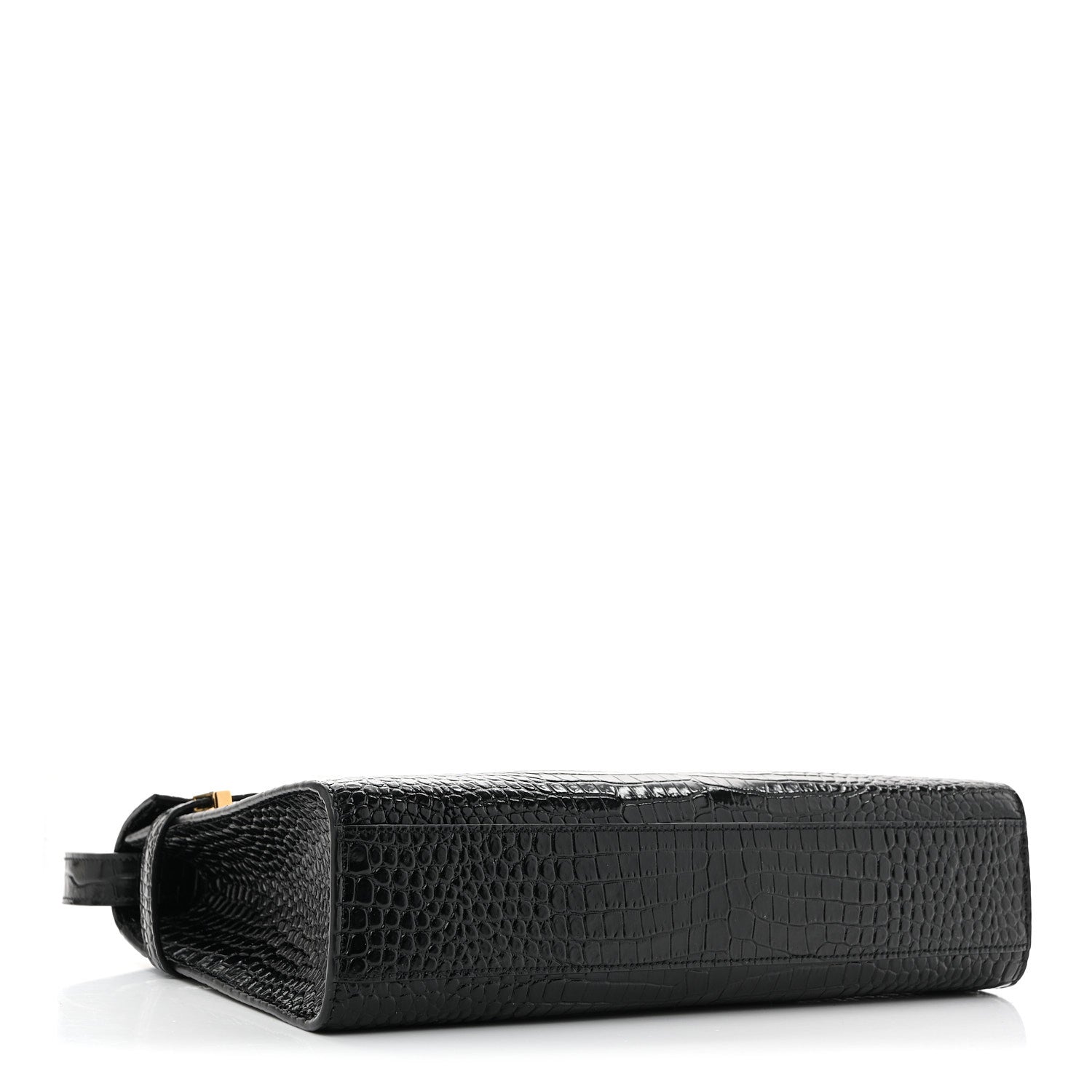 Saint Laurent Shiny Calfskin Crocodile Embossed Manhattan Baguette Black 4 of 10