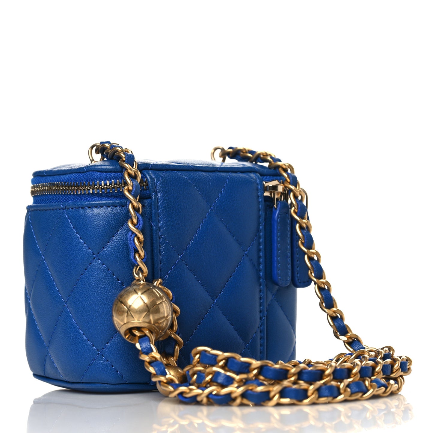 Lambskin Quilted Pearl Crush Mini Vanity Case With Chain Blue