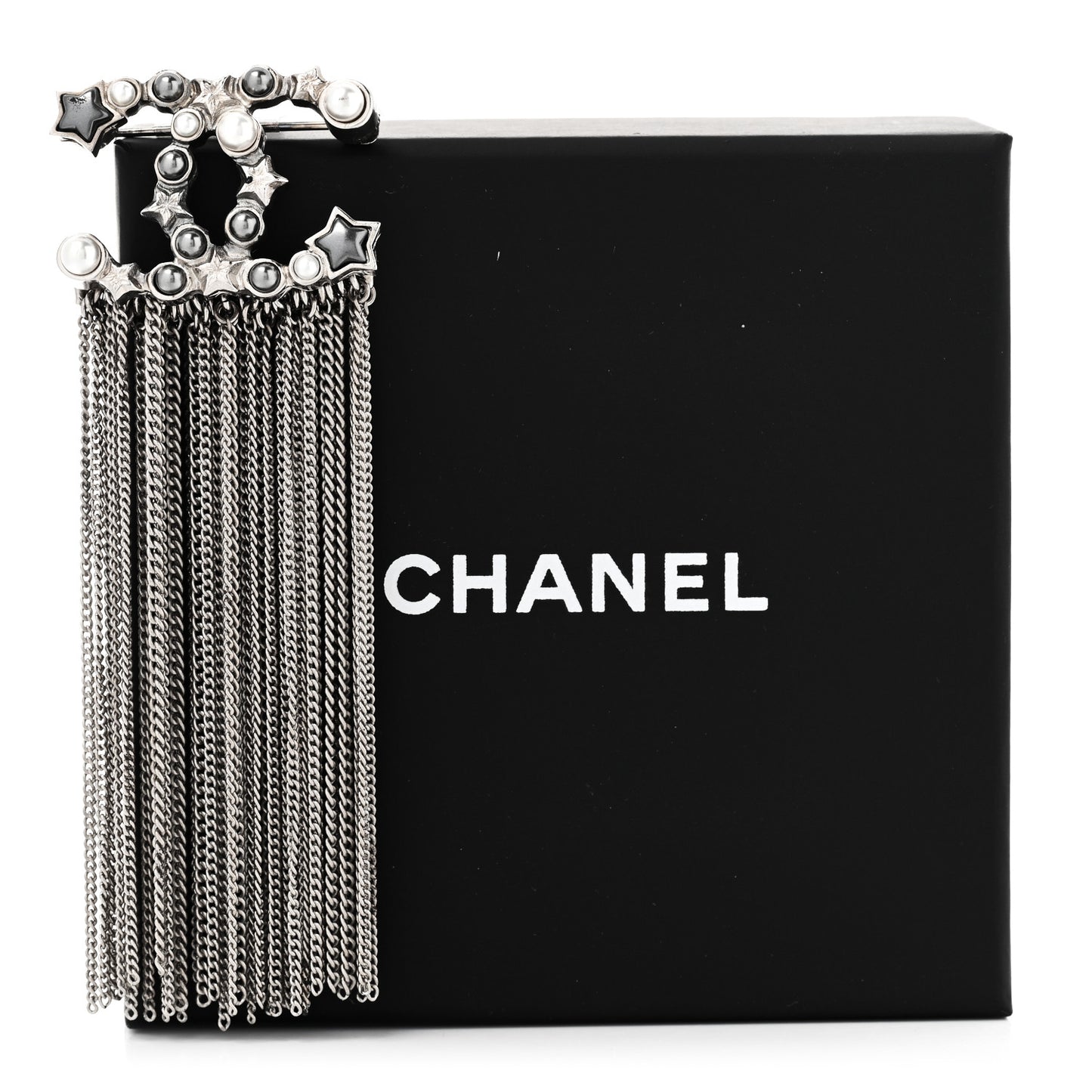 Metal Pearl Chain Fringe CC Brooch Silver