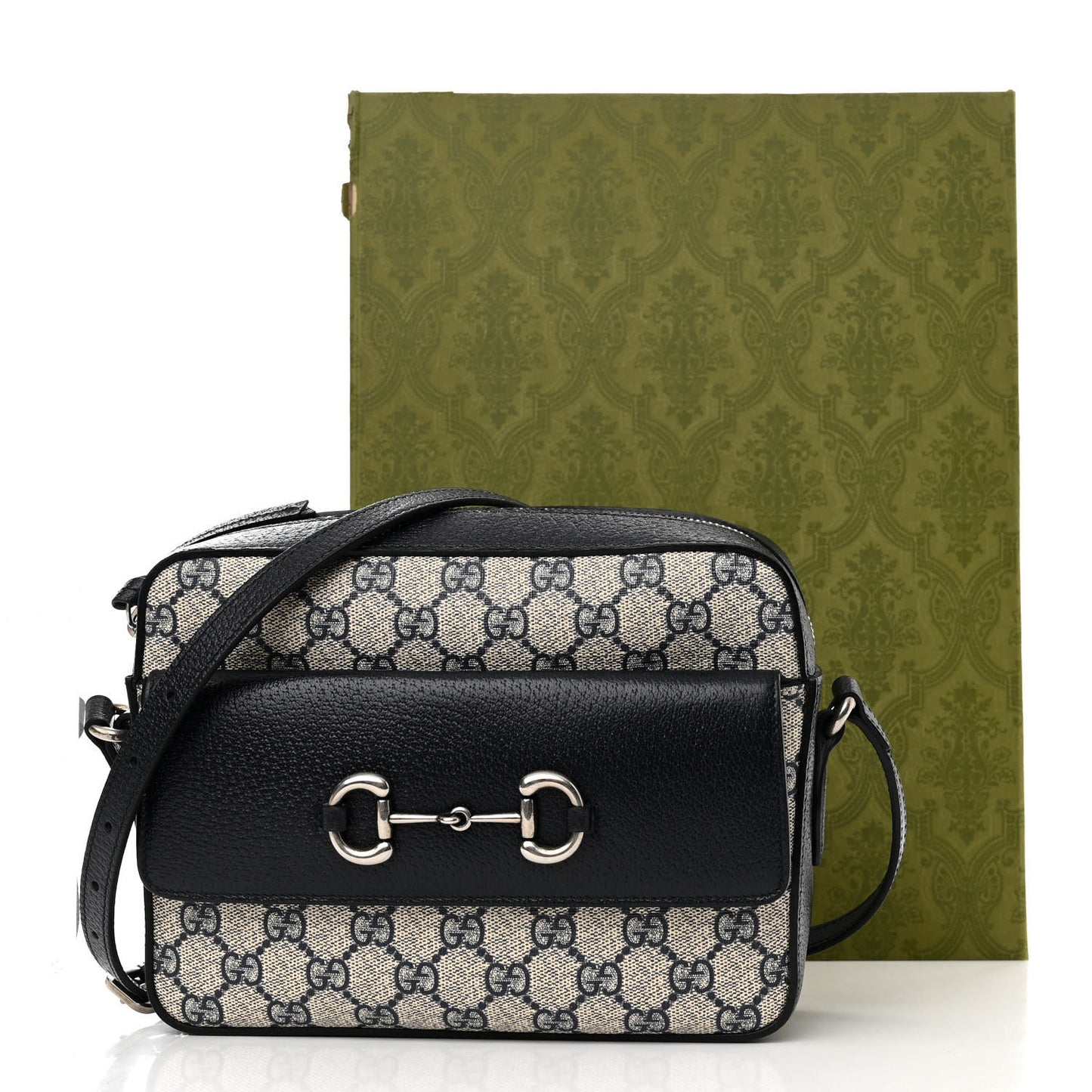 GG Supreme Monogram Textured Dollar Calfskin Small Horsebit 1955 Shoulder Bag Beige Blue