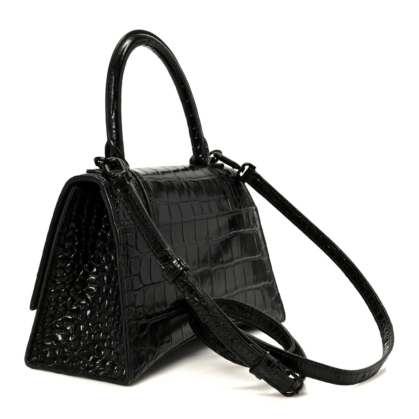 Shiny Calfskin Monochrome Crocodile Embossed Small Hourglass Top Handle Bag Black