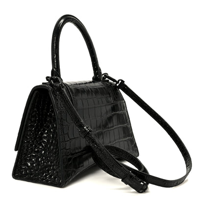 Balenciaga Shiny Calfskin Monochrome Crocodile Embossed Small Hourglass Top Handle Bag Black 3 of 14