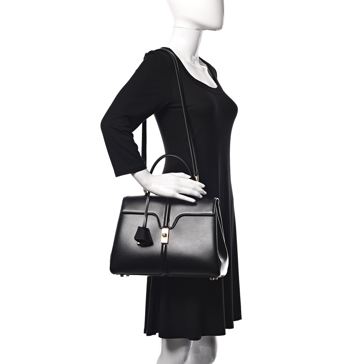 Satinated Calfskin Medium 16 Top Handle Bag Black
