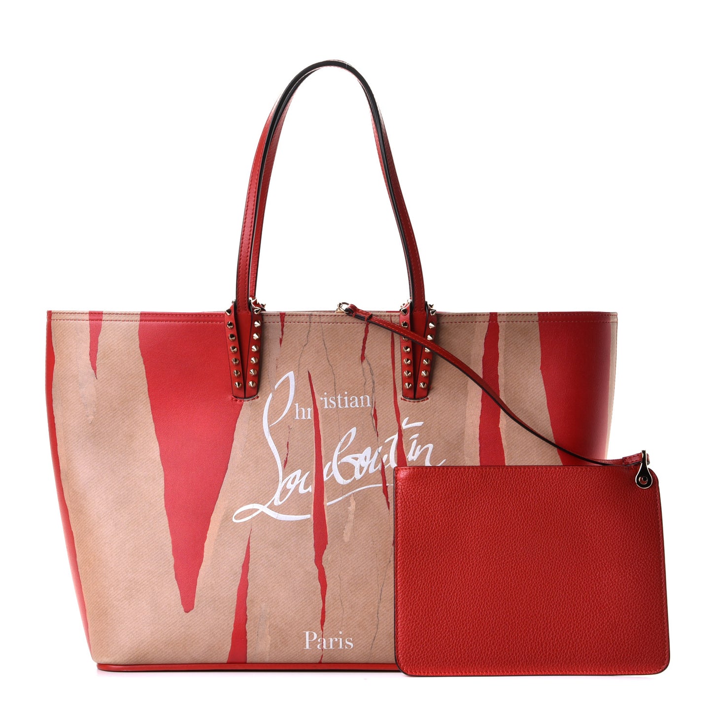 Calfskin Spikes Loubi Print East West Cabata Tote Kraft Red