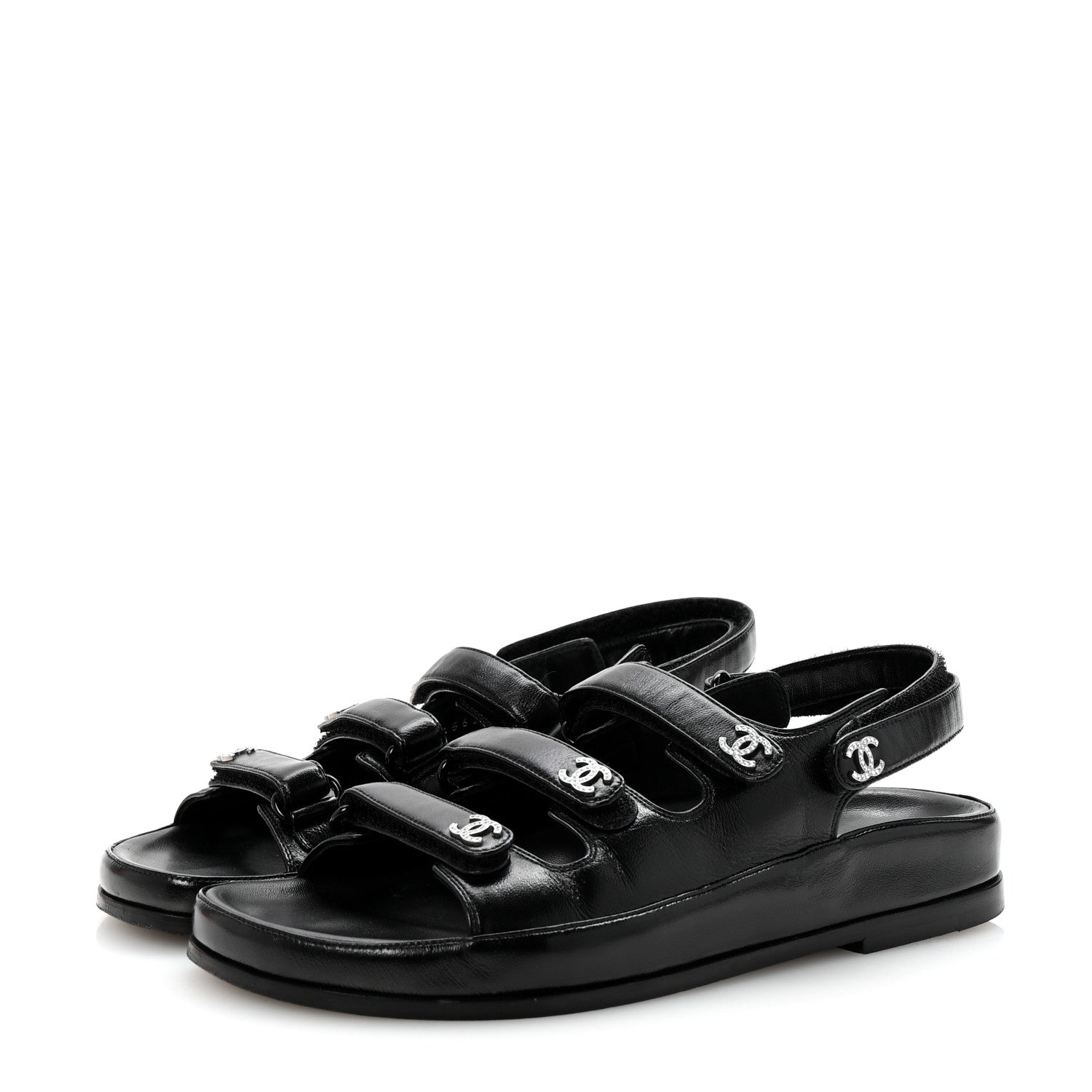 Chanel Lambskin Crystal CC Velcro Dad Sandals 37 Black 4 of 10
