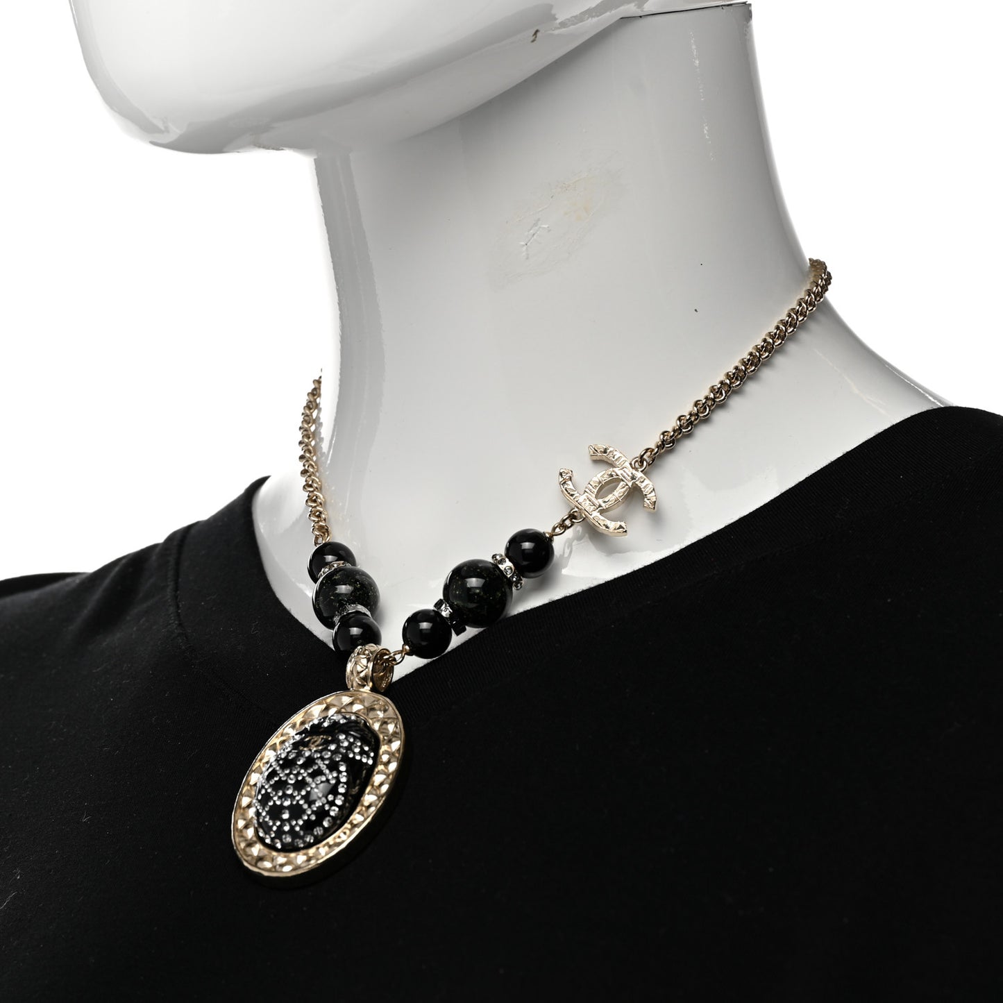 Metal Crystal Bead Scarab CC Pendant Necklace Black