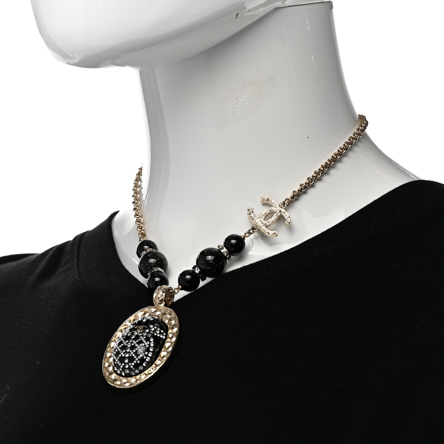 Chanel Metal Crystal Bead Scarab CC Pendant Necklace Black 2 of 7