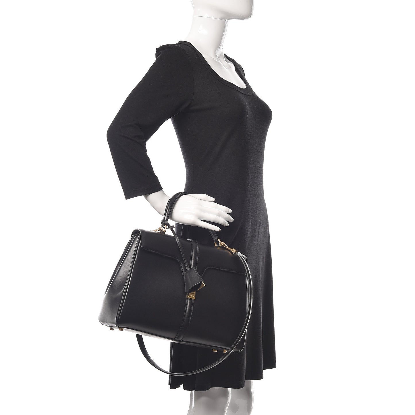 Satinated Calfskin Medium 16 Top Handle Bag Black