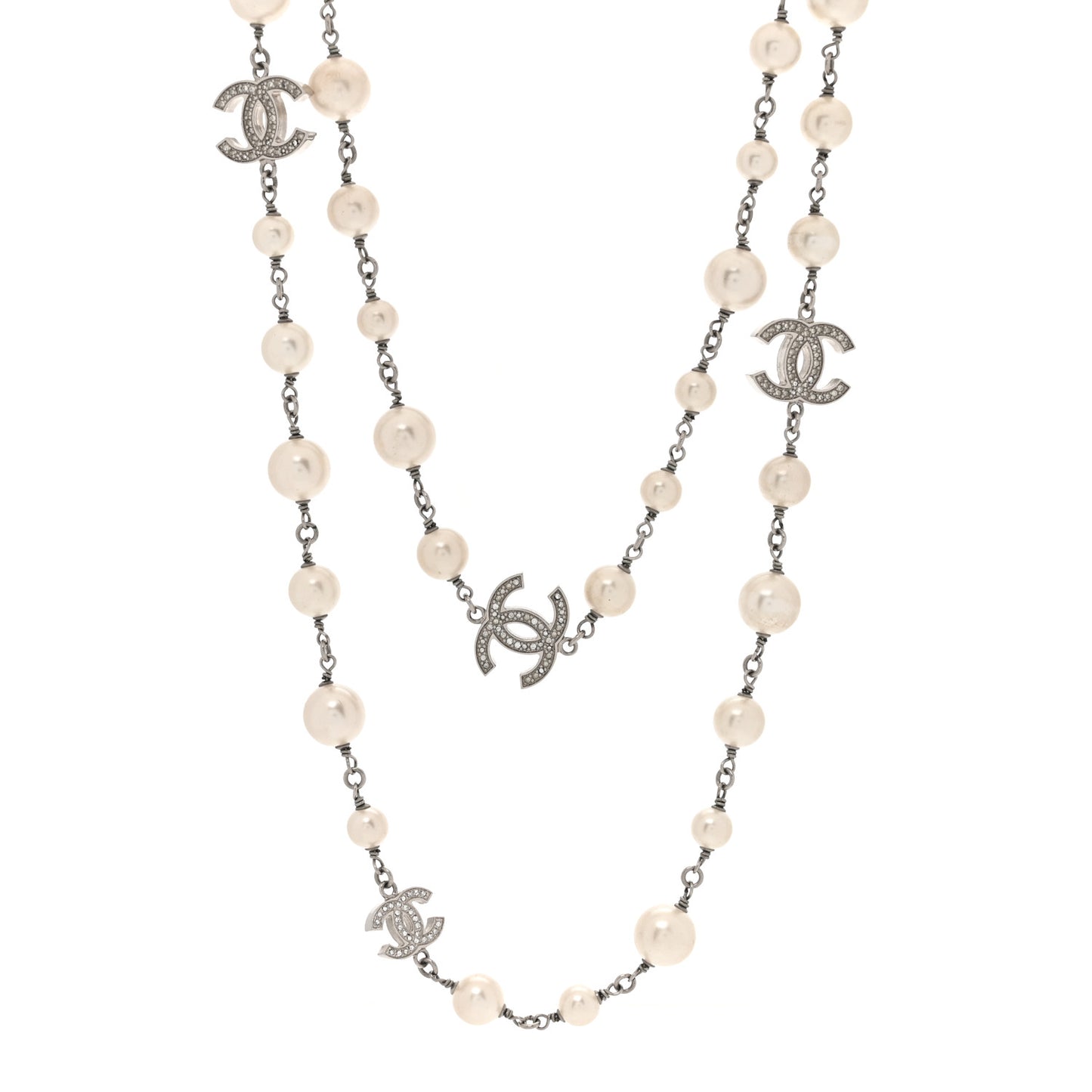 Graduated Pearl Crystal CC Long Necklace Silver