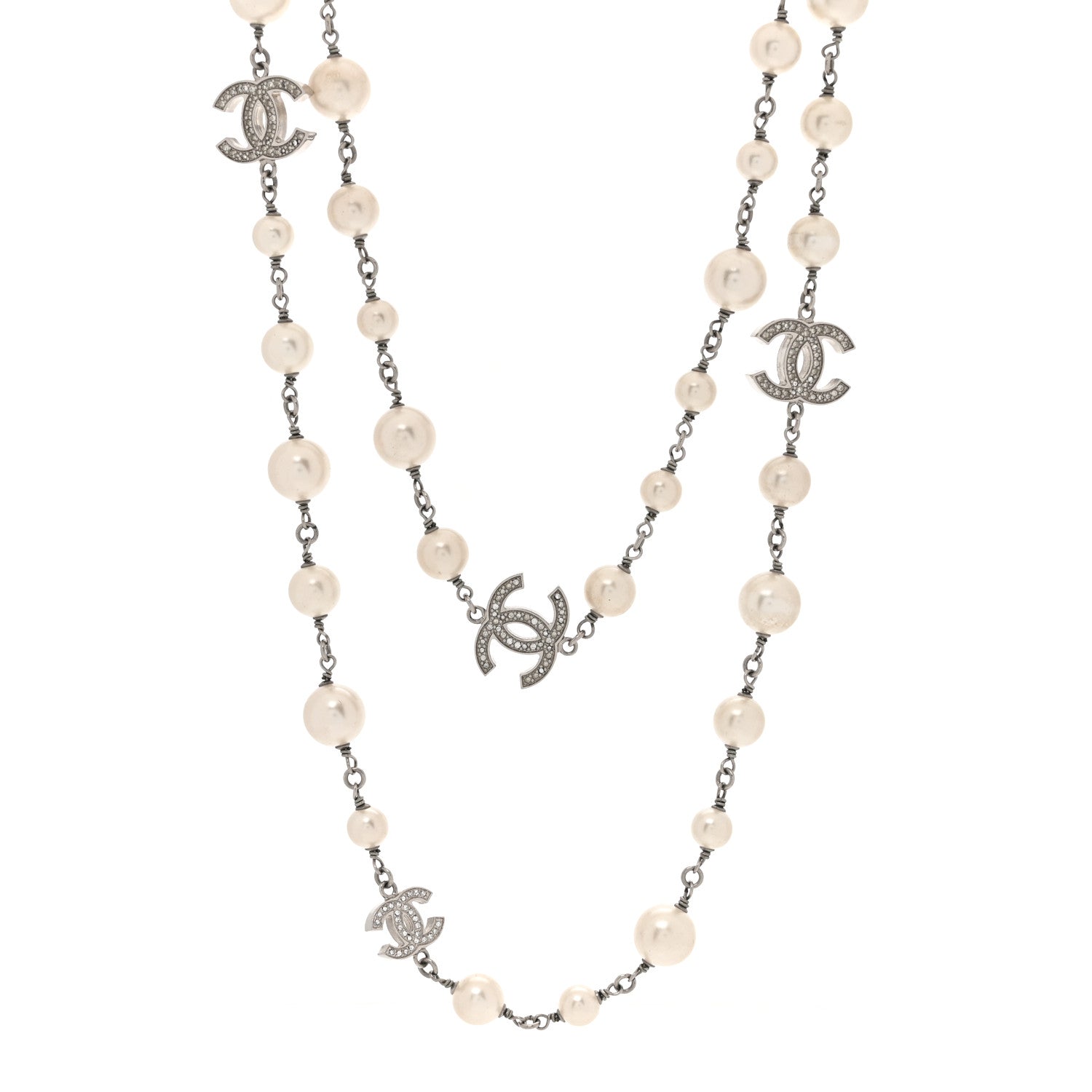 Chanel Graduated Pearl Crystal CC Long Necklace Silver 1 of 4