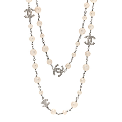 Chanel Graduated Pearl Crystal CC Long Necklace Silver 1 of 4