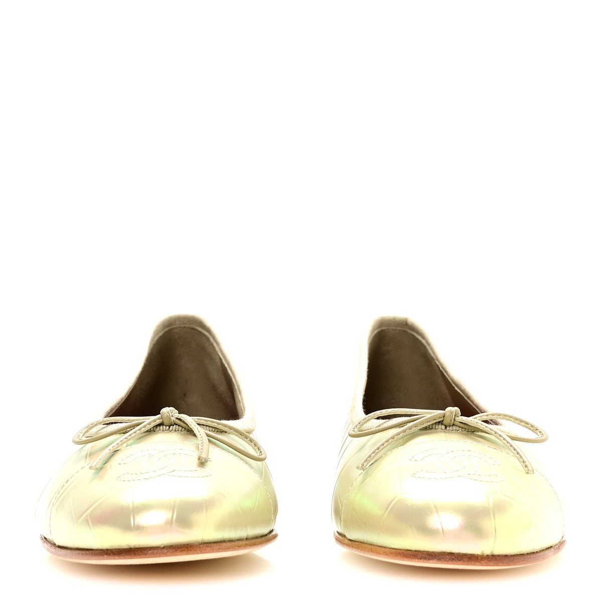 Chanel Iridescent Calfskin Crocodile Embossed Cap Toe CC Ballerina Flats 37.5 Yellow 3 of 9
