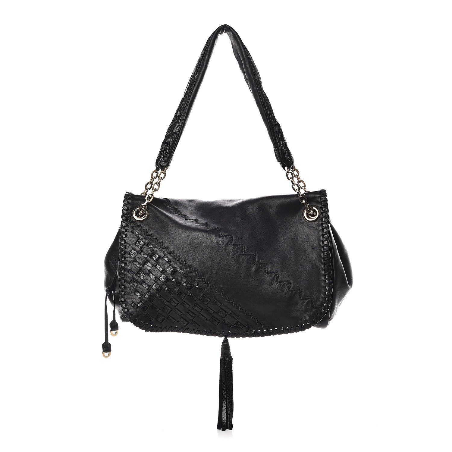 Jimmy Choo Lambskin Snakeskin Woven Flap Hobo Black 1 of 12