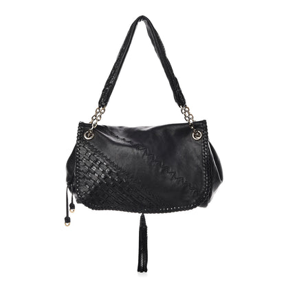Jimmy Choo Lambskin Snakeskin Woven Flap Hobo Black 1 of 12
