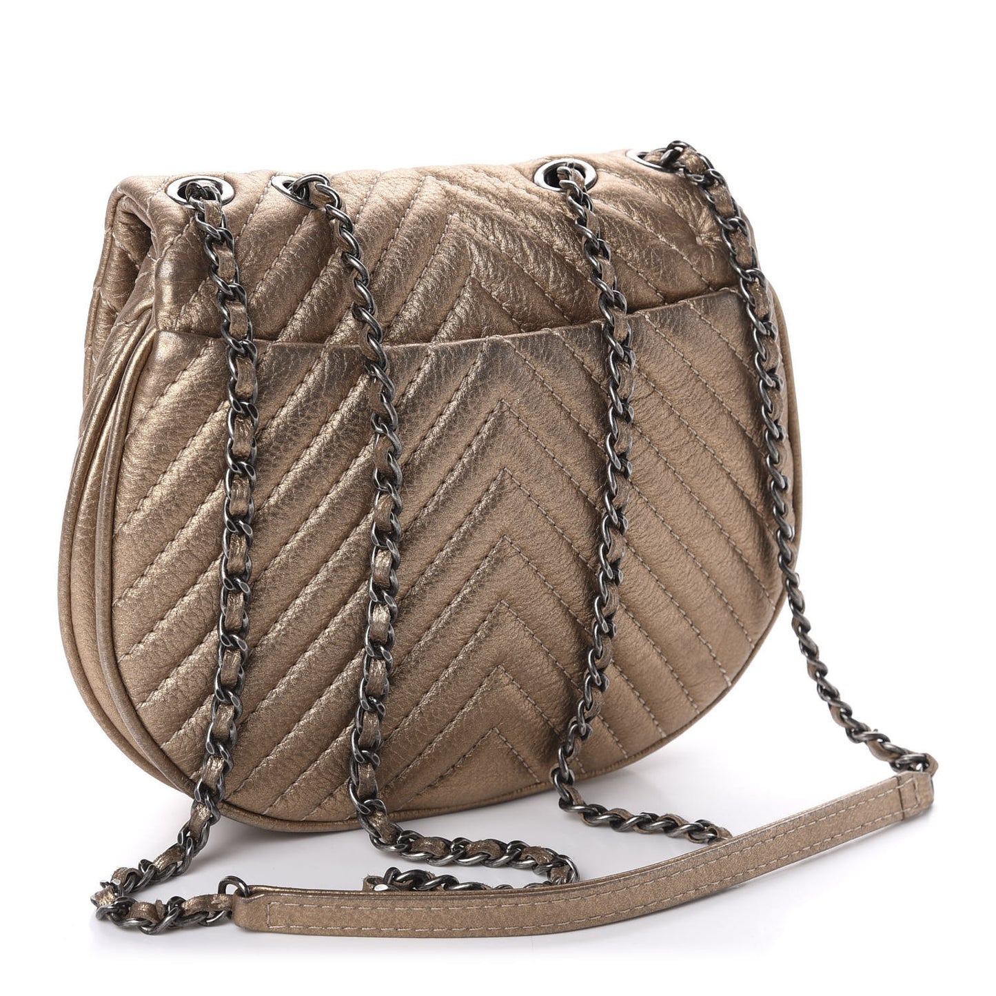 Metallic Aged Calfskin Chevron Small Bubble CC Flap Gold
