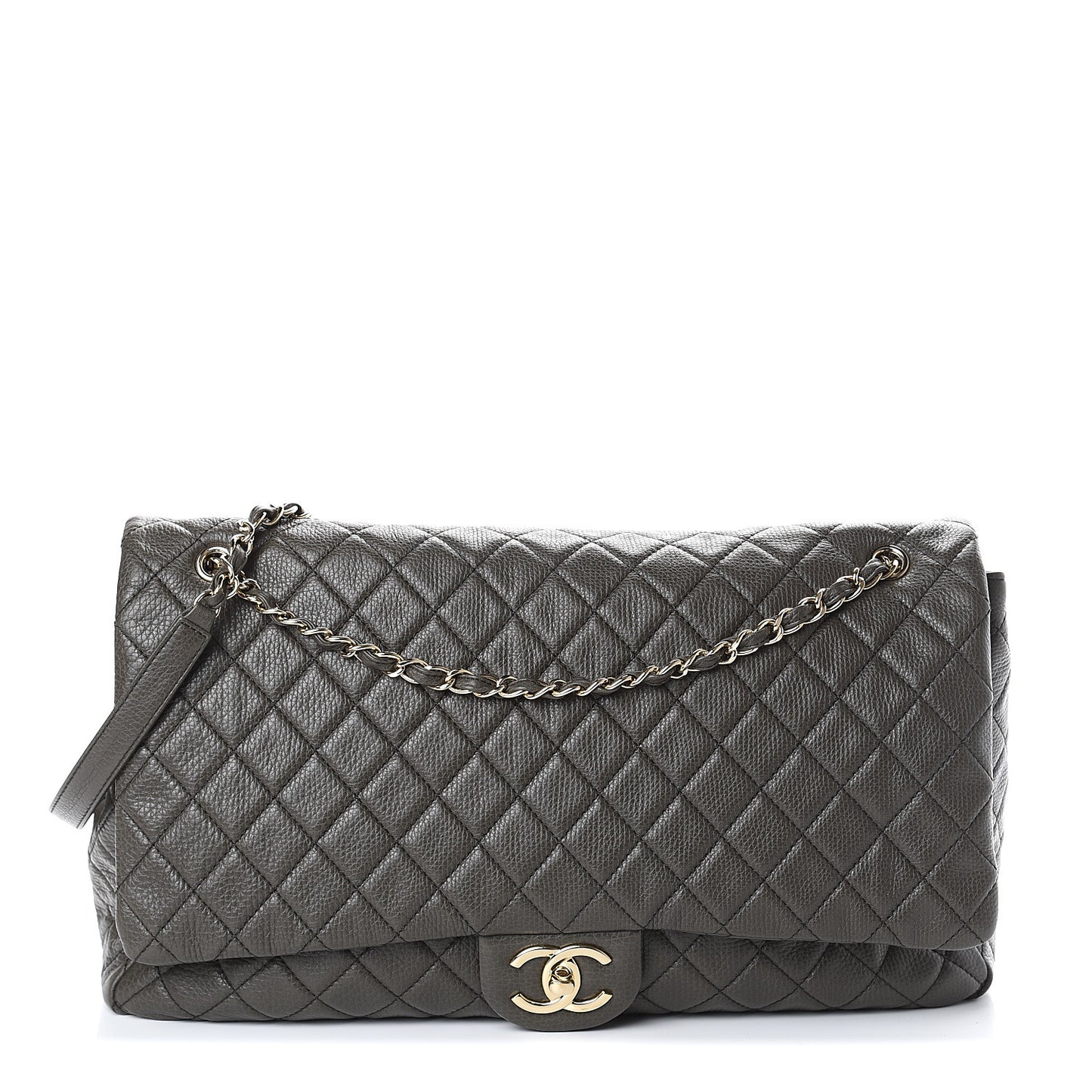 Metallized Calfskin Quilted XXL Travel Flap Bag Khaki