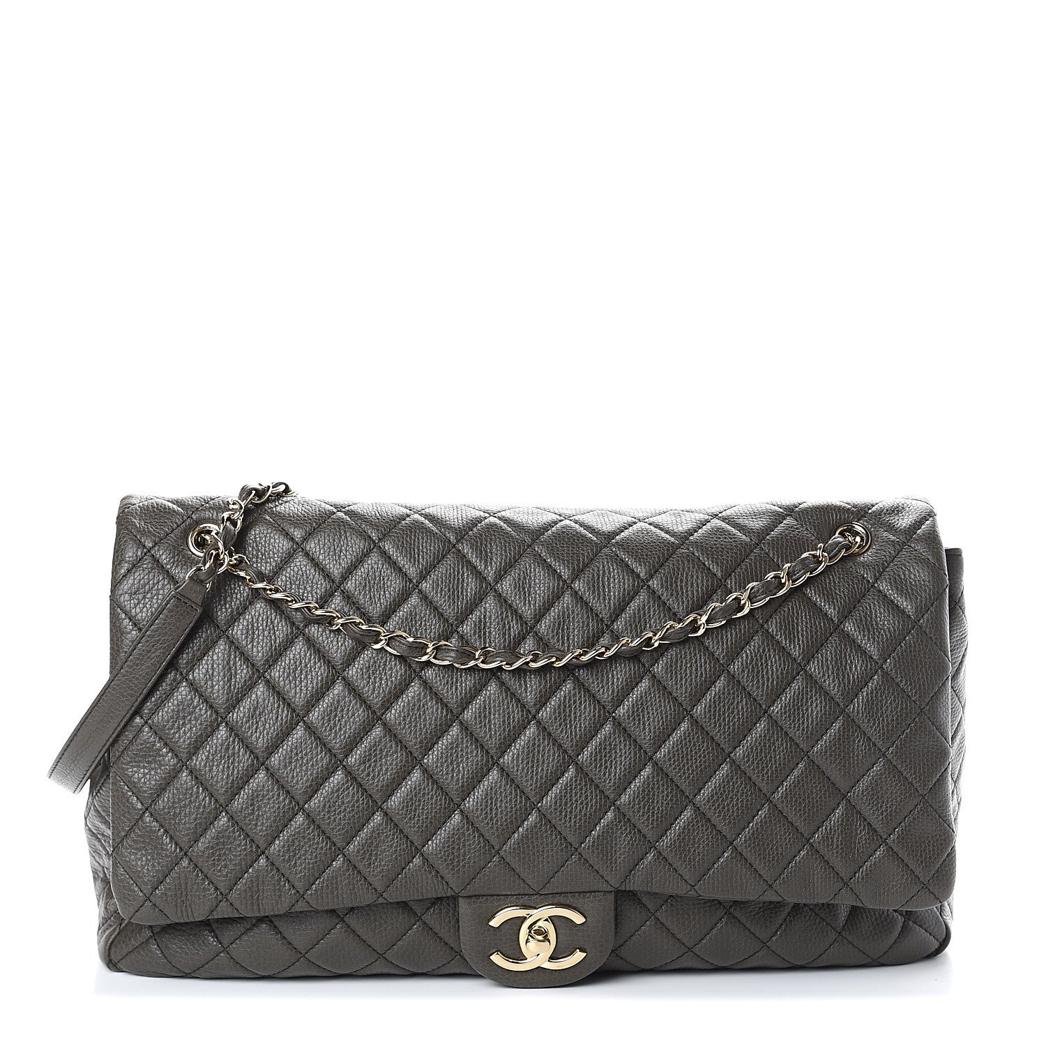 Chanel Metallized Calfskin Quilted XXL Travel Flap Bag Khaki 1 of 9