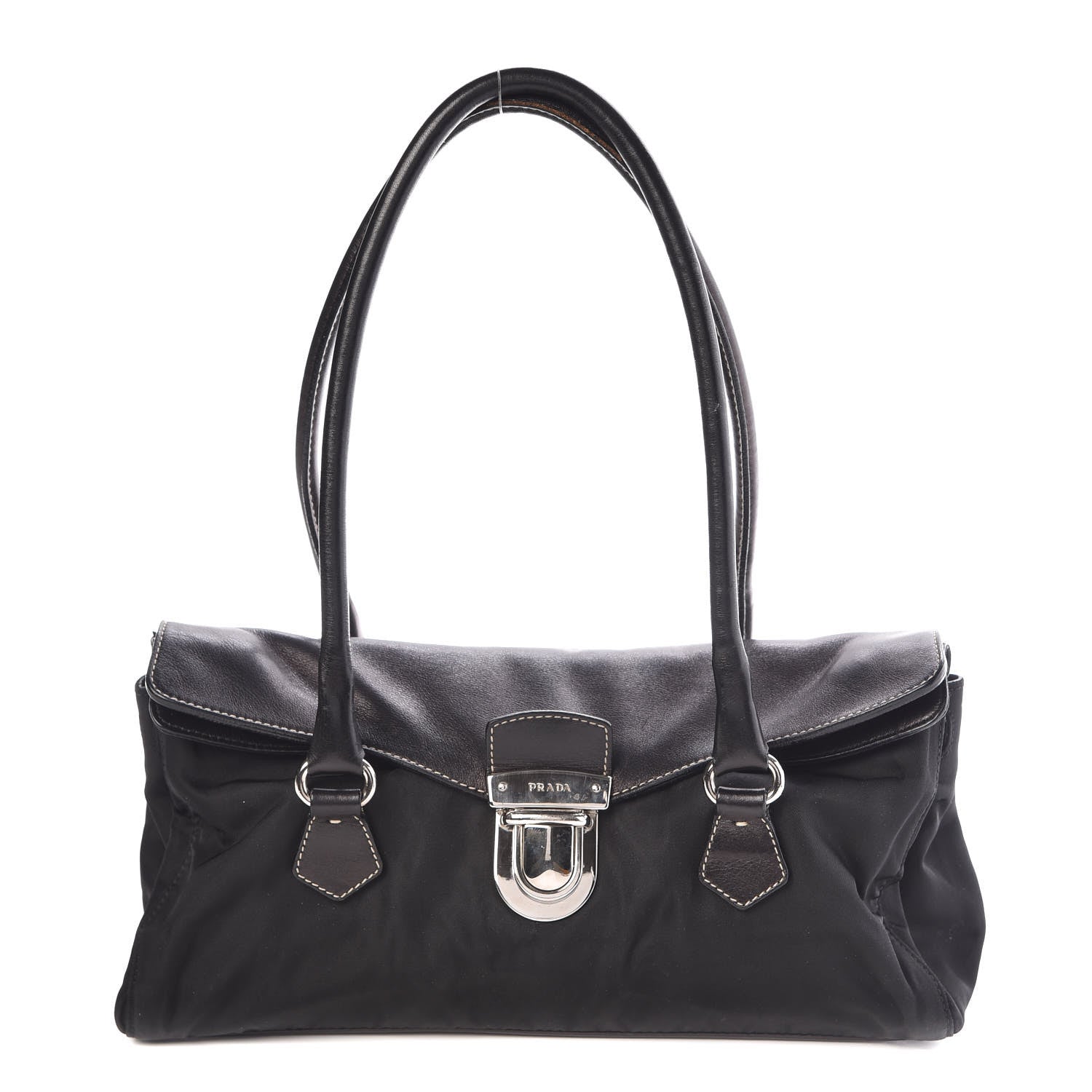 Prada Tessuto Nylon Vitello Foldover Pushlock Satchel Black 1 of 10
