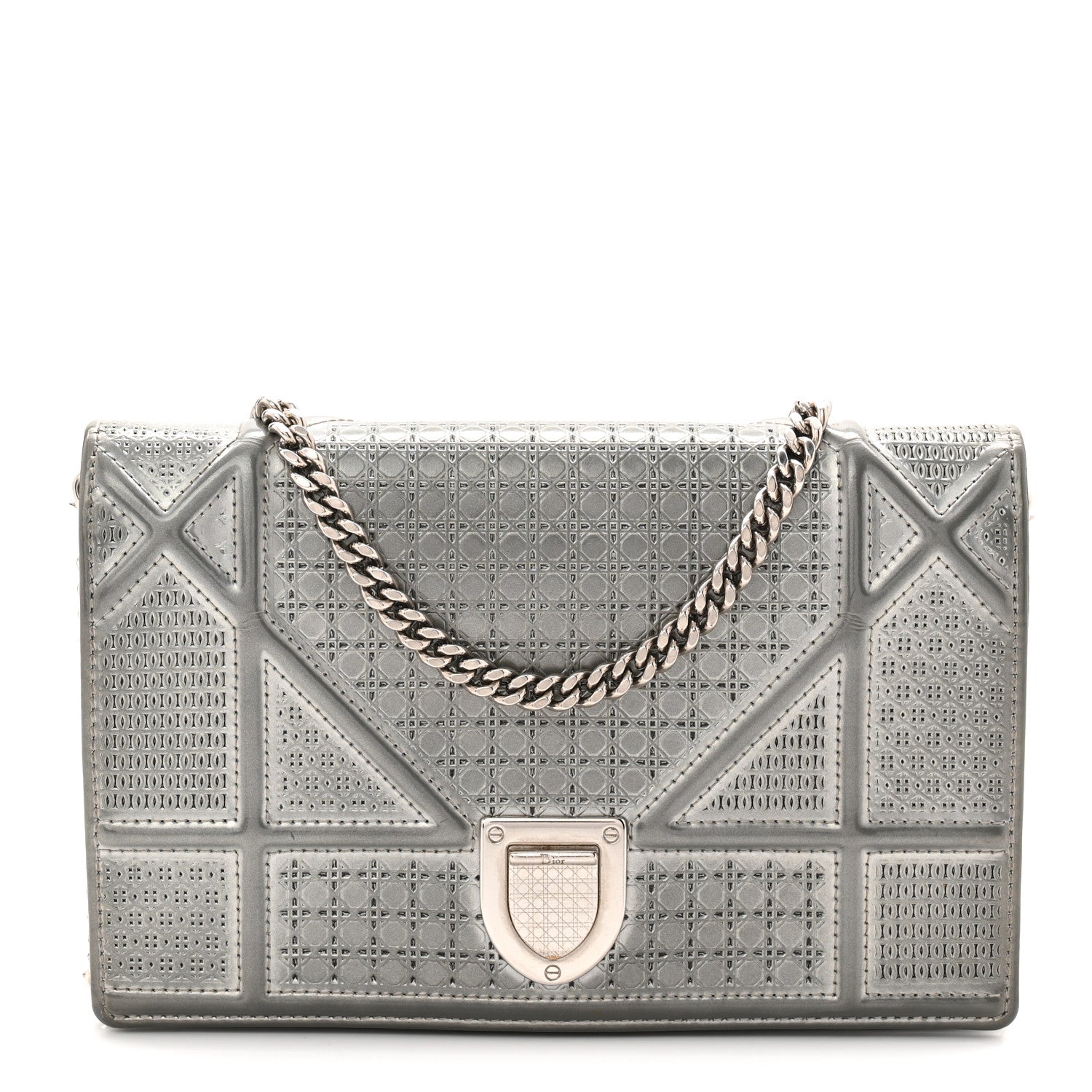 Christian Dior Metallic Patent Micro-Cannage Diorama Wallet on Chain Pouch Silver 1 of 9