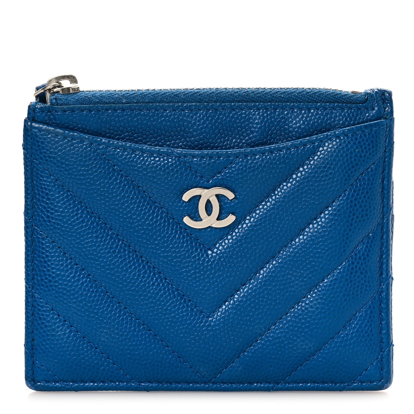 Caviar Chevron Quilted CC Zip Card Holder Blue