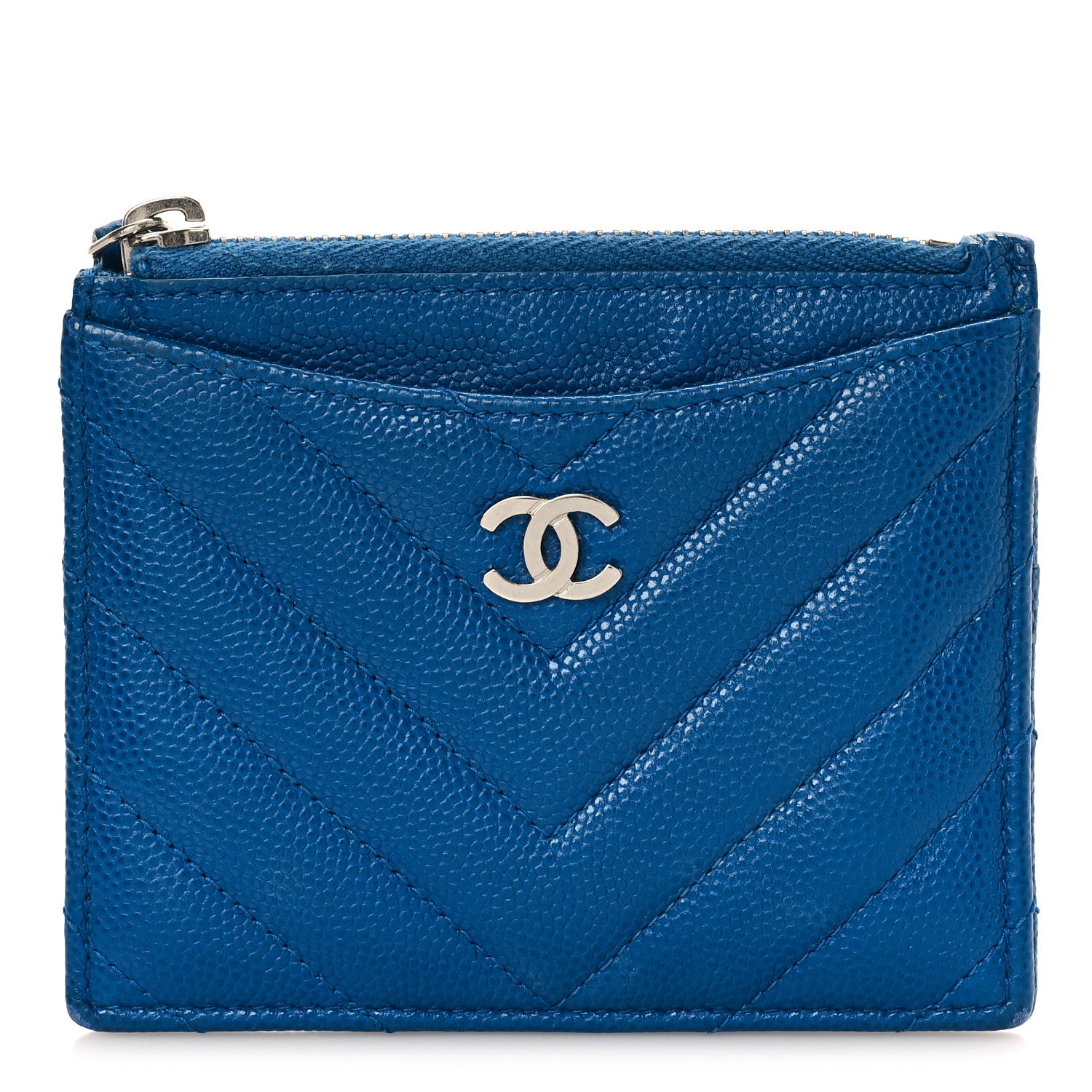 Chanel Caviar Chevron Quilted CC Zip Card Holder Blue 1 of 10