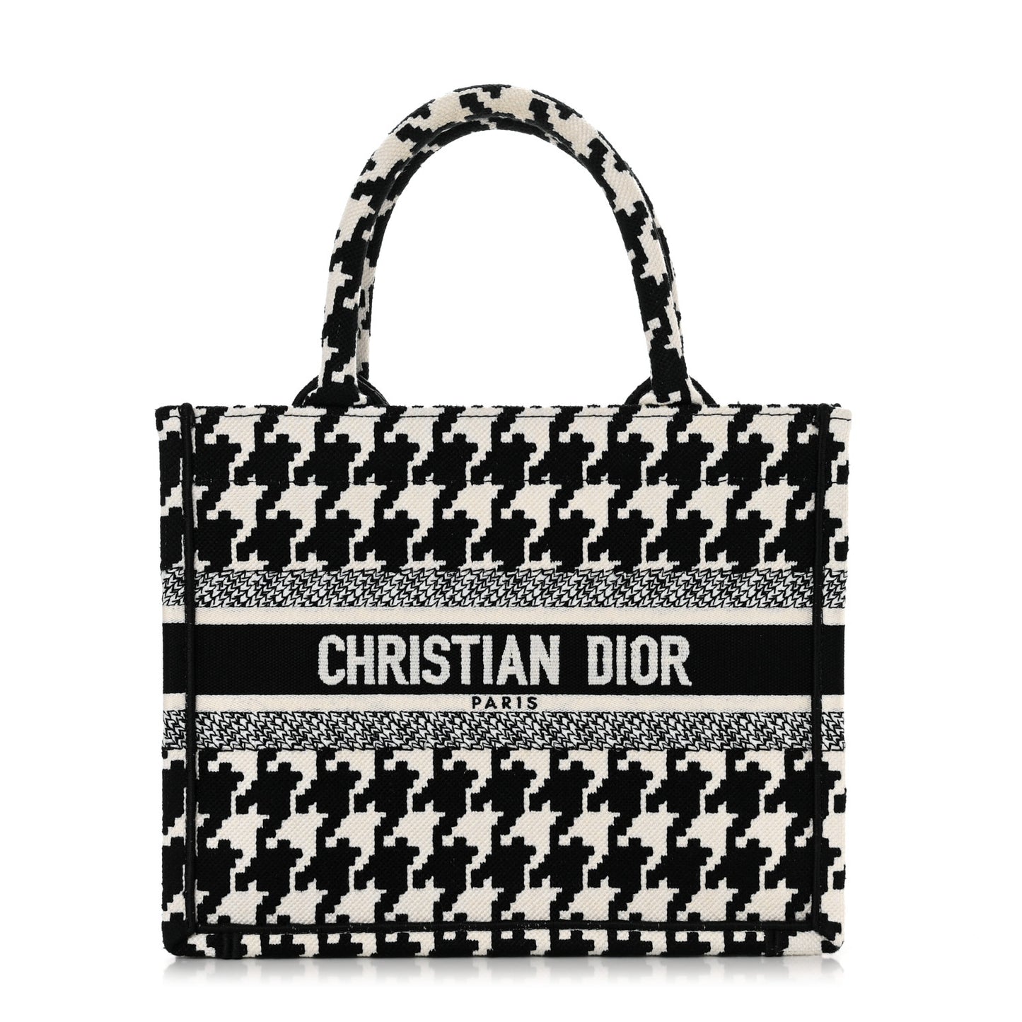 Canvas Houndstooth Embroidered Small Book Tote Black White