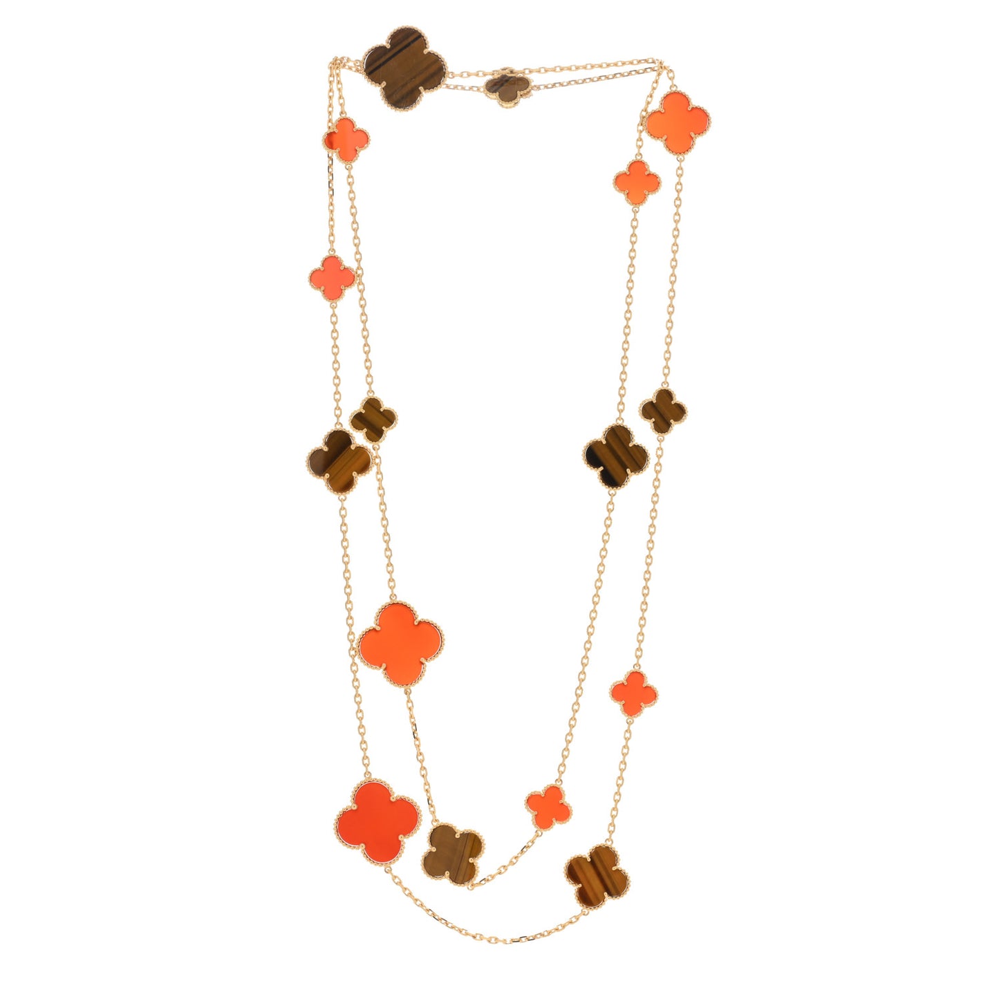 18K Yellow Gold Tiger Eye Carnelian 16 Motifs Magic Alhambra Necklace