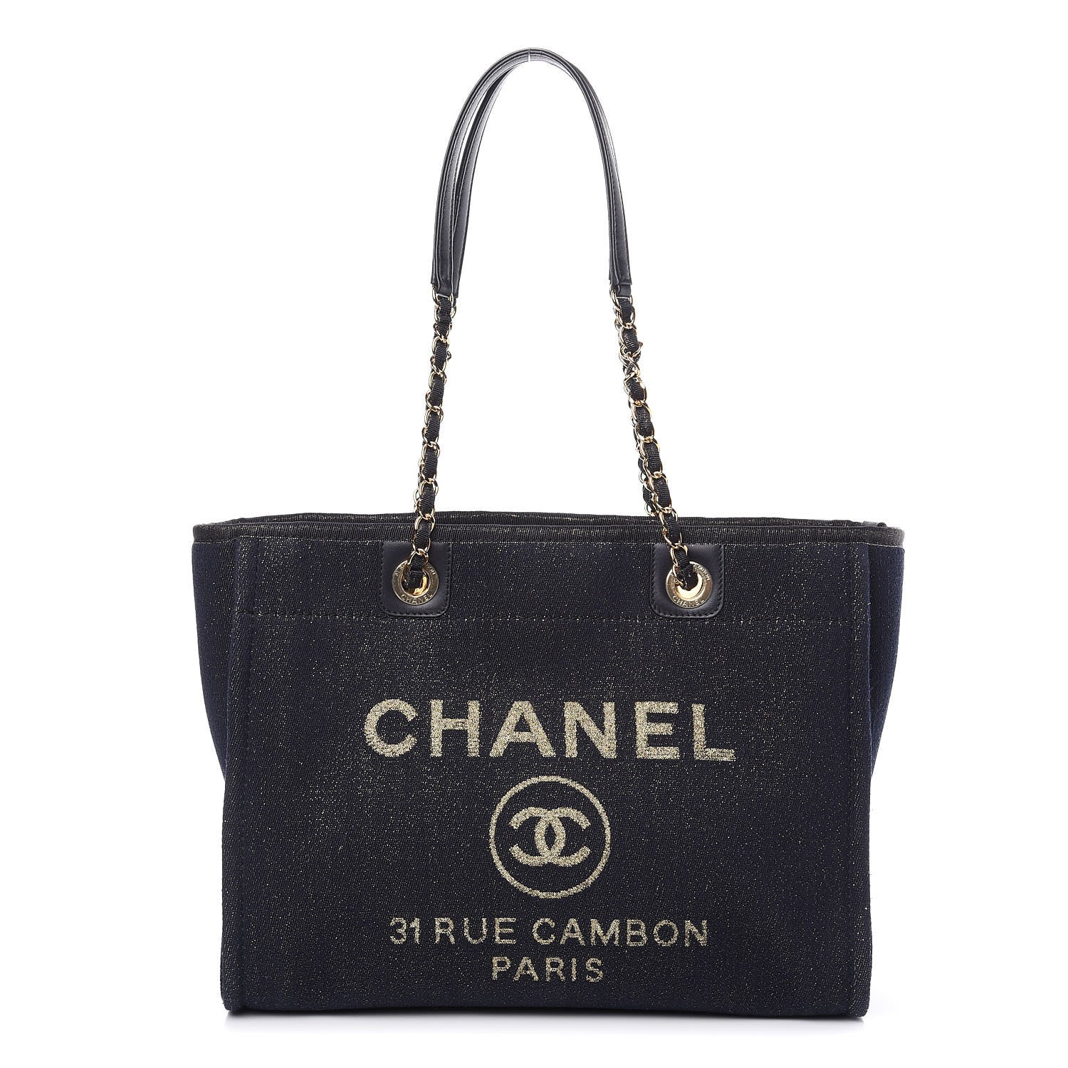 Chanel Lurex Canvas Small Deauville Tote Navy Blue Gold 1 of 10