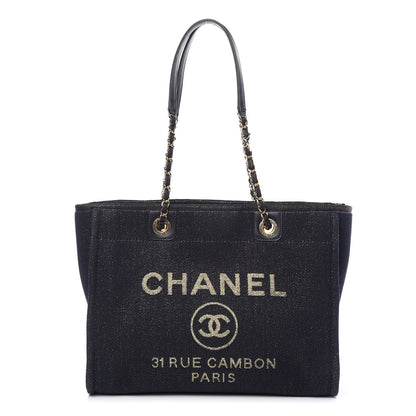 Chanel Lurex Canvas Small Deauville Tote Navy Blue Gold 1 of 10