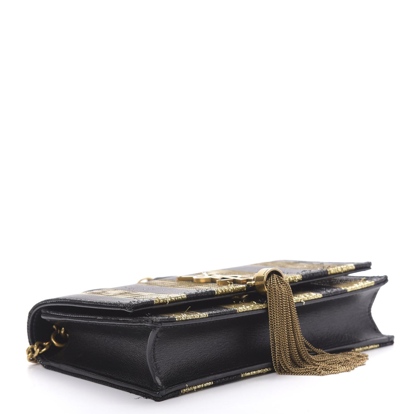 Sequin Striped Classic Monogram Kate Tassel Chain Wallet Black Gold
